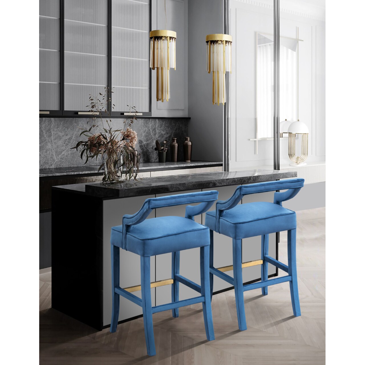 Iconic Home Catalina Bar Stool Chair Velvet Upholstered Half Back Design Gold Tone Footrest Bar Wood Frame Modern